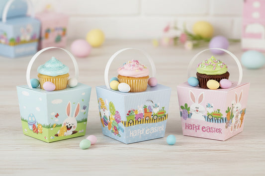 Mini Easter Treat Boxes, 8 Foldable Boxes with Transparent Handles, 6cm x 6cm x 6cm, Happy Easter Design