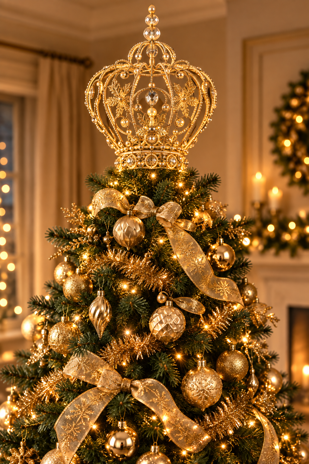 Crown Christmas Tree Topper Decoration, Champagne Gold Metal Diamante 30x20cm