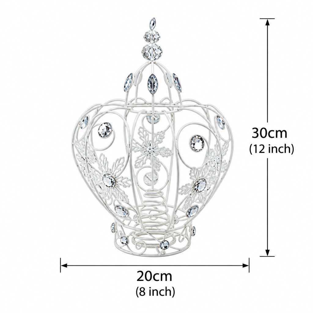 A white metal crown-shaped decorative ornament with clear acrylic accents, shown with dimension labels indicating 30 cm height and 20 cm width on a light gray background.