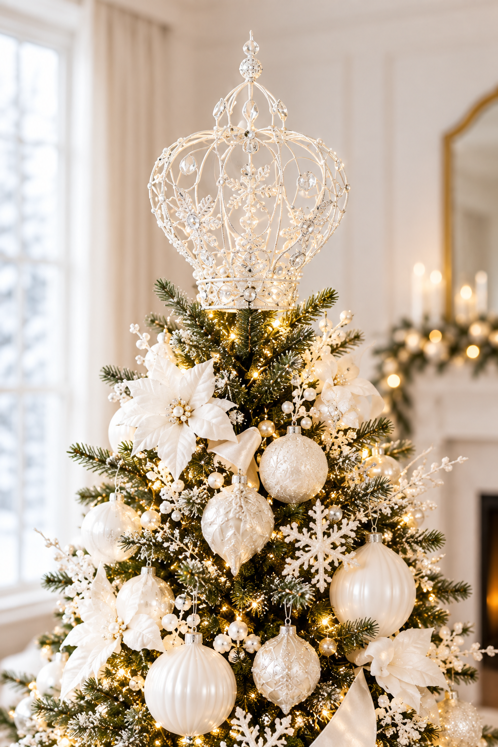 Crown Christmas Tree Topper Decoration, White Metal Diamante 30x20cm