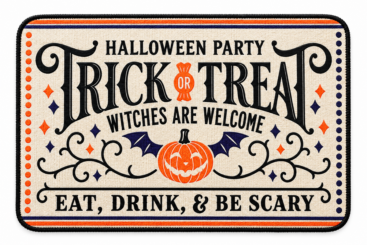 A rectangular Halloween-themed doormat with rounded corners, featuring the text 'HALLOWEEN PARTY TRICK OR TREAT WITCHES ARE WELCOME EAT, DRINK, & BE SCARY' in black lettering, with an orange jack-o'-lantern, bats, and decorative dots on a cream background.