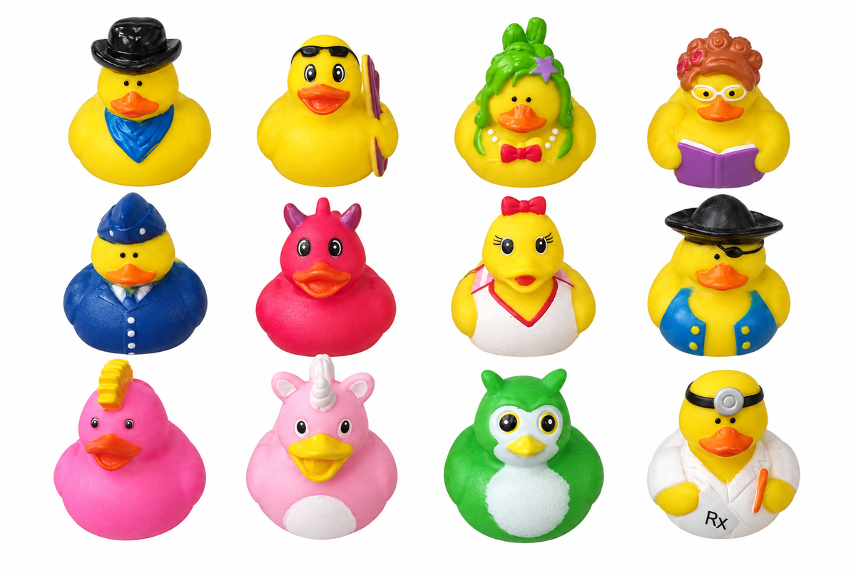 Twelve duck designs arranged in three rows of four on a white background