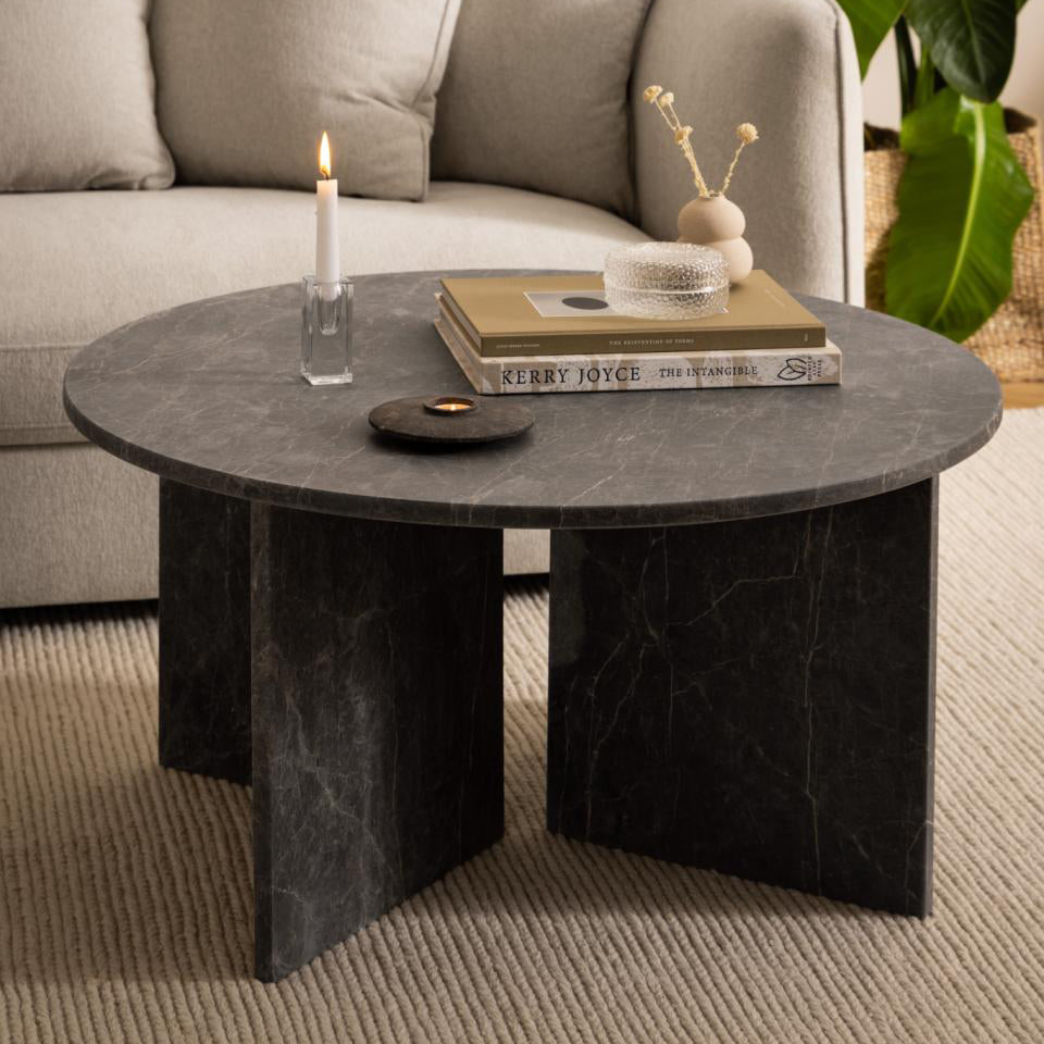 Vega Designer Solid Marble Stone Coffee Table In Brown Marron 90cm