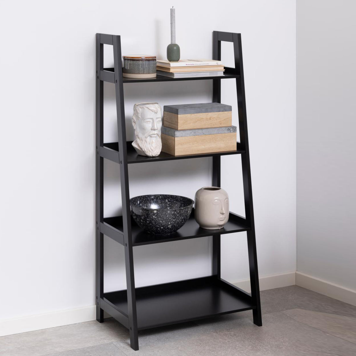 Wally Wooden Step Bookcase Storage Shelf Unit In Black 63x40x130 cm