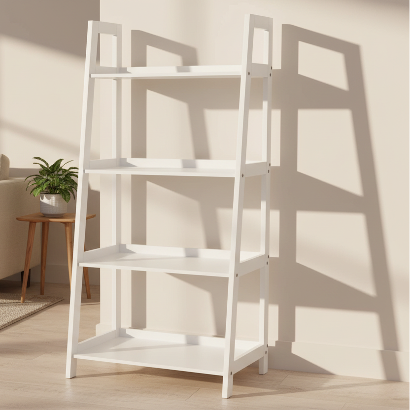 Wally Wooden Step Bookcase Storage Shelf Unit In White 63x40x130 cm