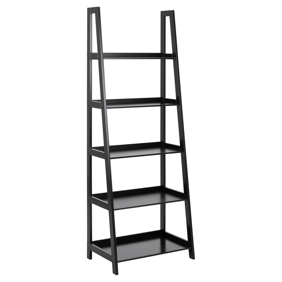 Black ladder shelf with four shelves on a white background