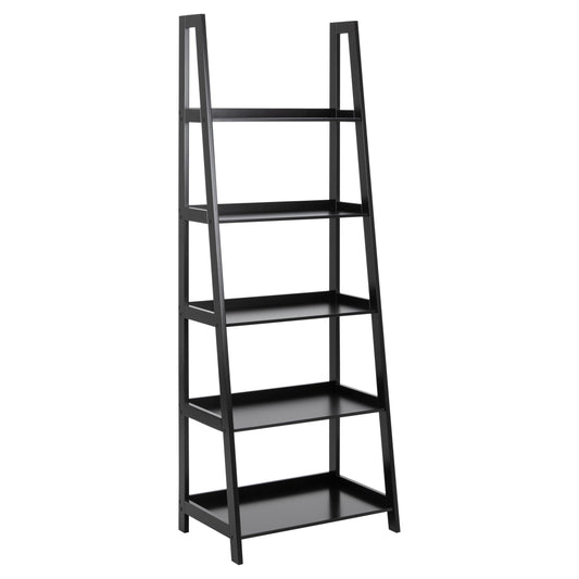 Black ladder shelf with four shelves on a white background