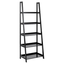 Load image into Gallery viewer, Black ladder shelf with four shelves on a white background
