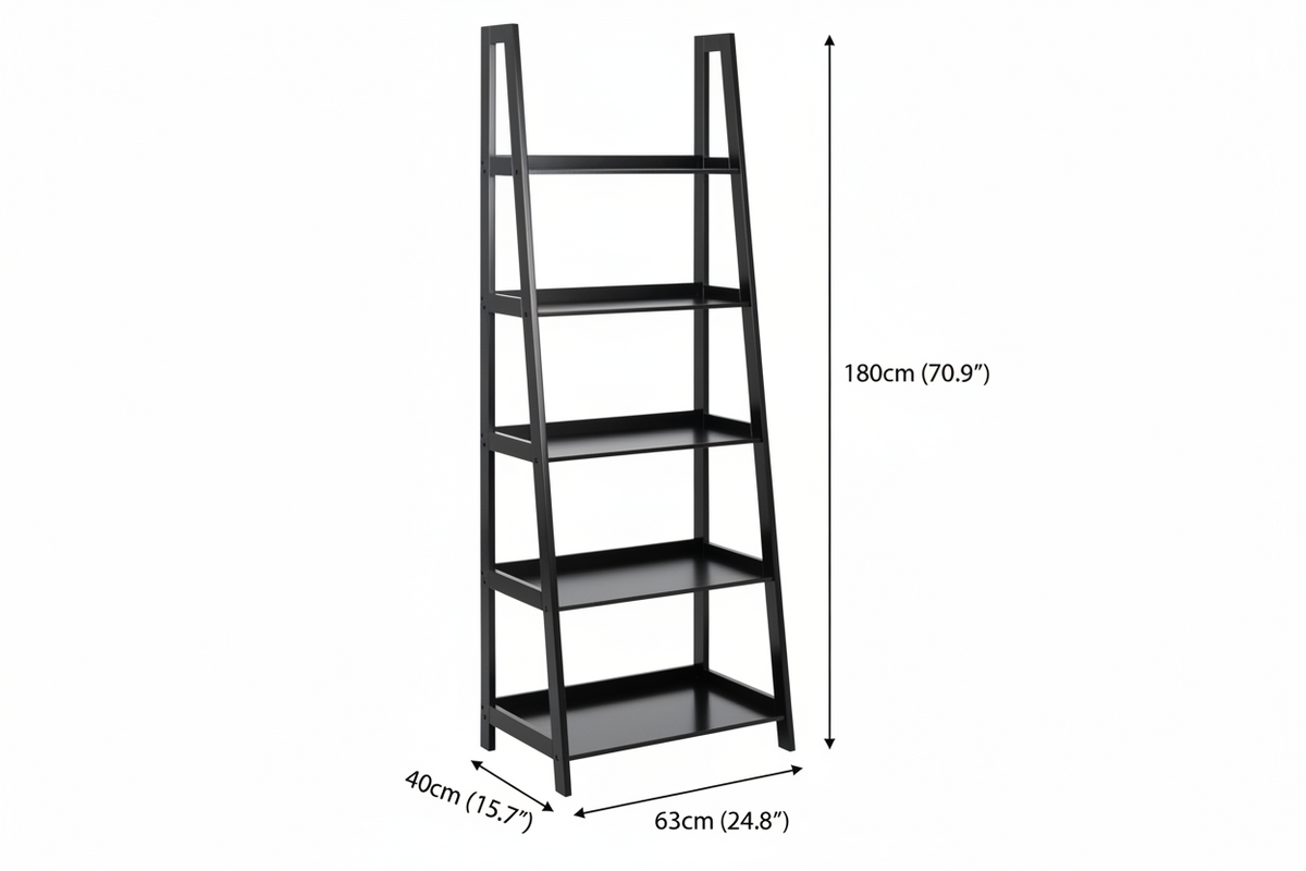 Wally Large Wooden Step Bookcase Storage Shelf Unit In Black 63x40x180 cm