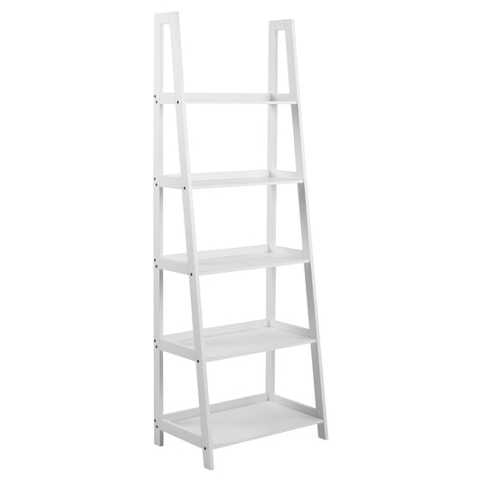 A tall white ladder bookcase with five shelves and a step shape, made from UV painted MDF.