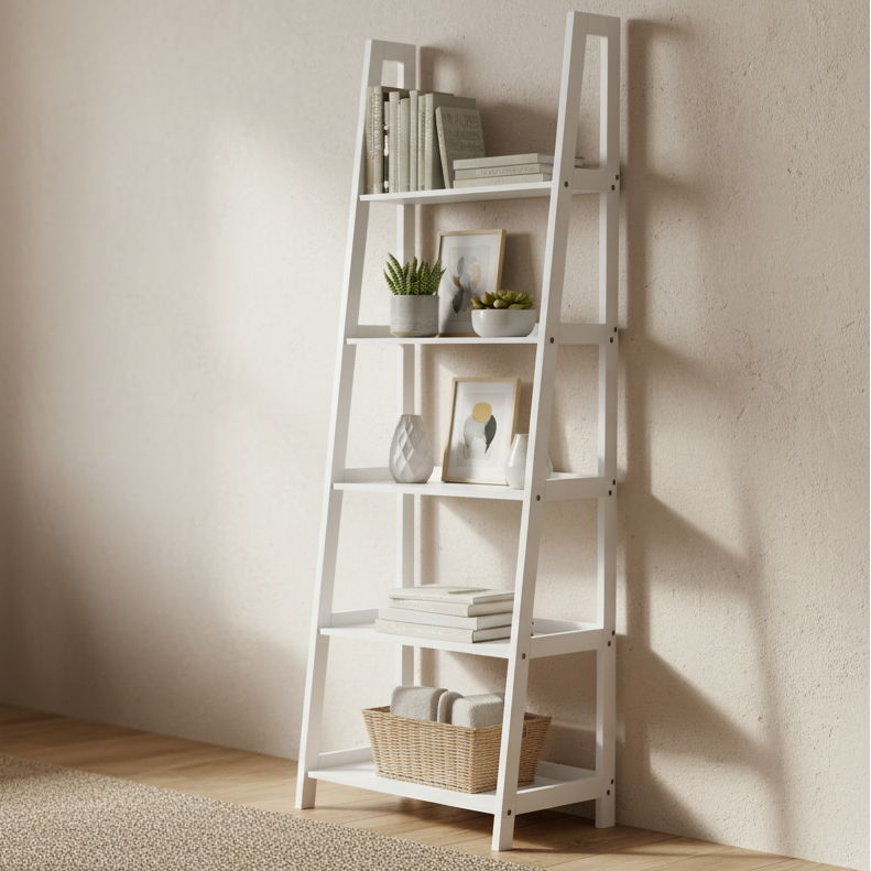 Wally Large Wooden Step Bookcase Storage Shelf Unit In White 63x40x180 cm