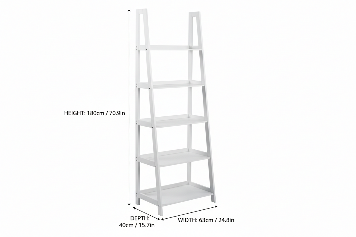 Wally Large Wooden Step Bookcase Storage Shelf Unit In White 63x40x180 cm