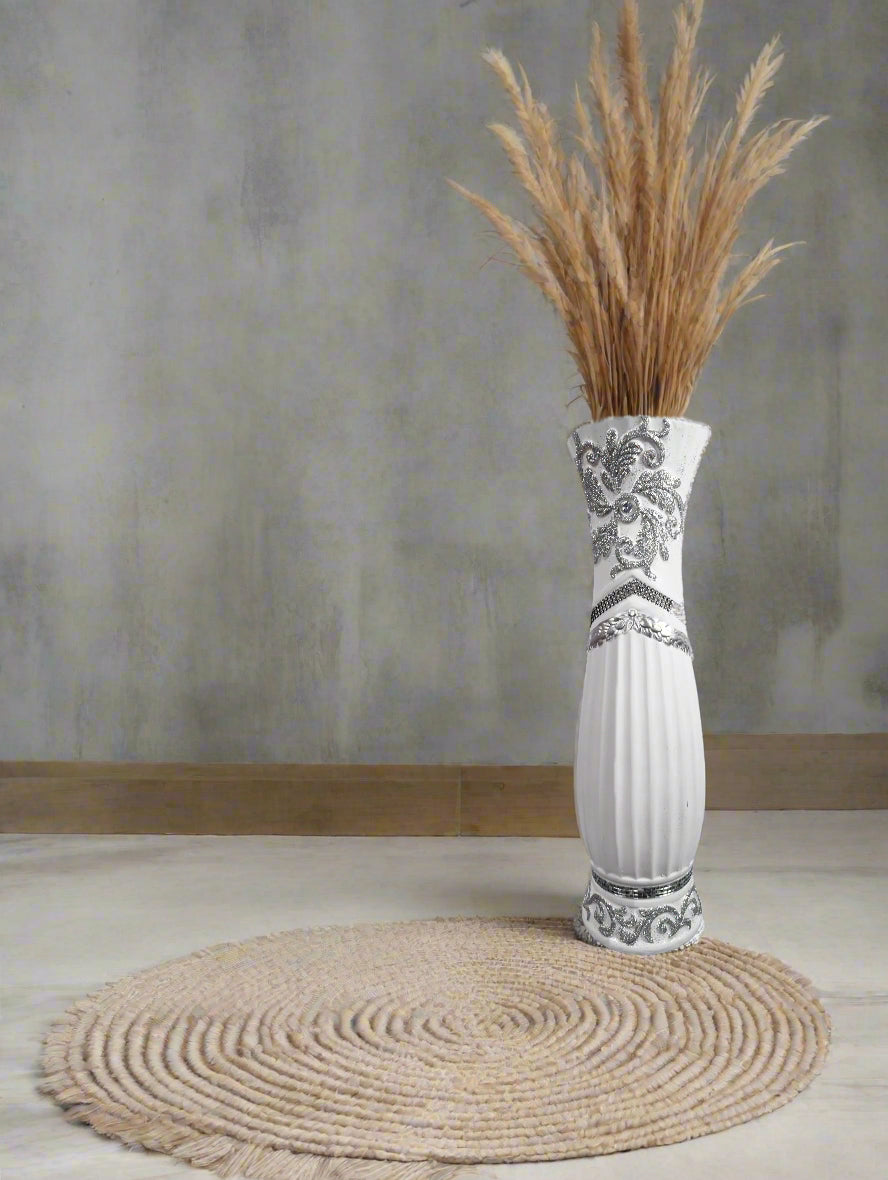 Large White Ceramic Floor Vase With Silver Glitter Diamante Detail 60cm Home Decor