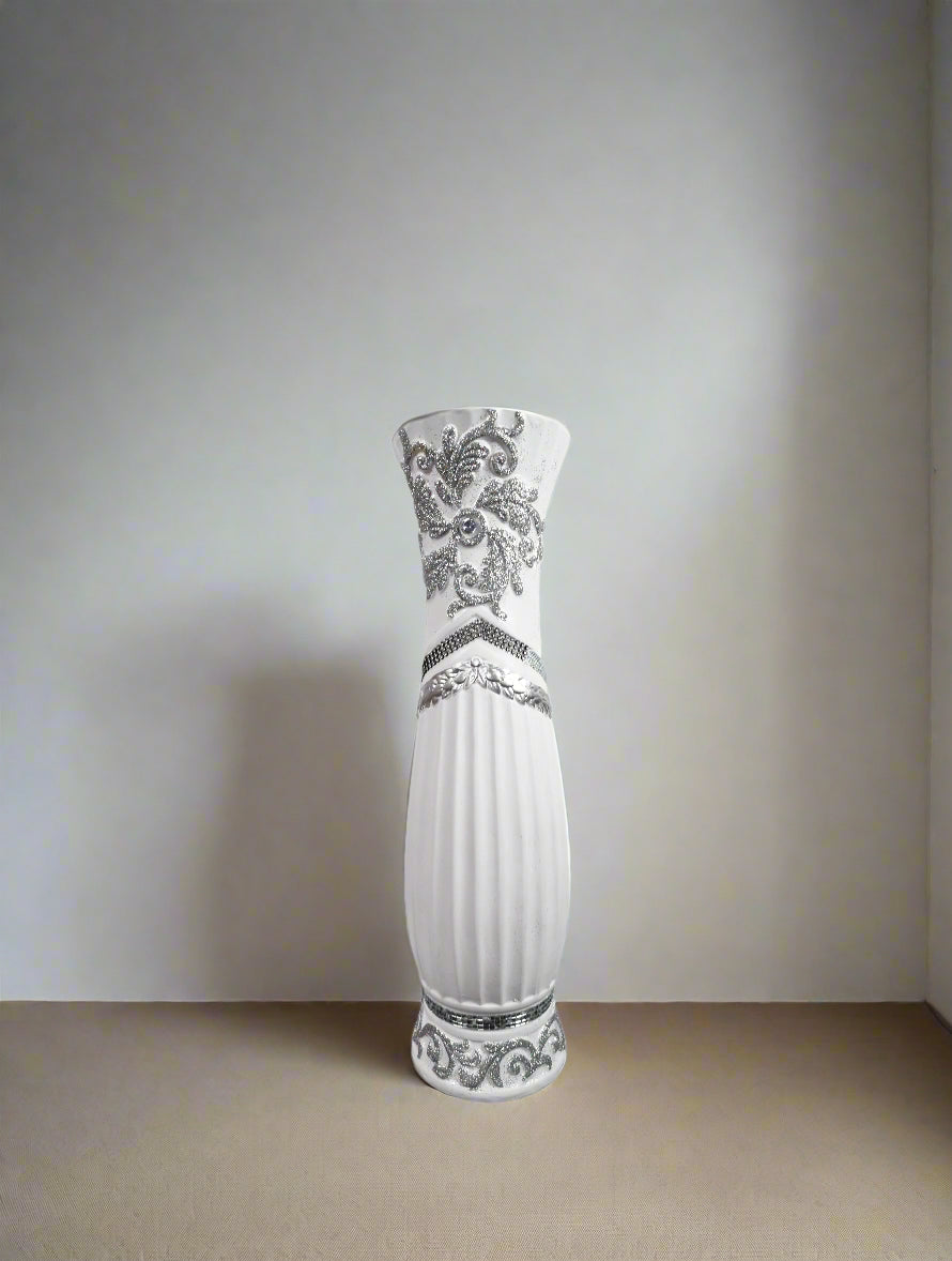Large White Ceramic Floor Vase With Silver Glitter Diamante Detail 60cm Home Decor