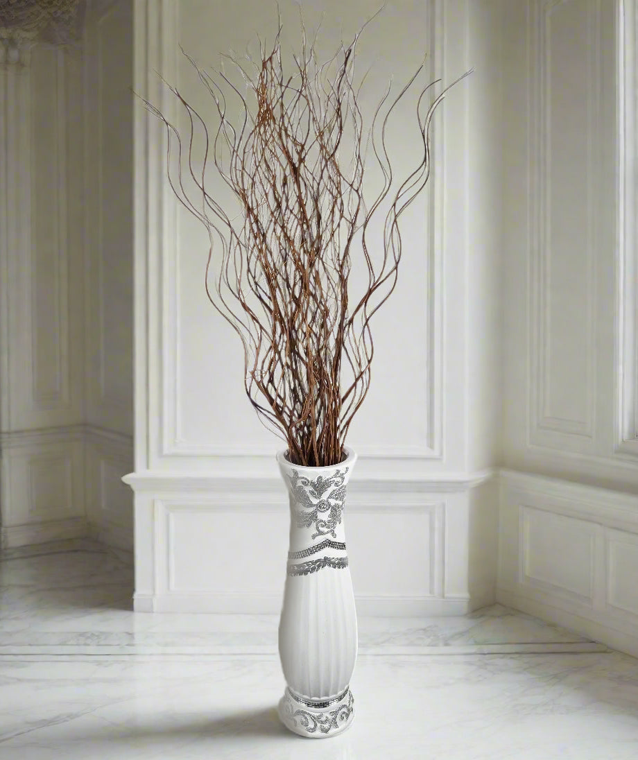 Large White Ceramic Floor Vase With Silver Glitter Diamante Detail 60cm Home Decor