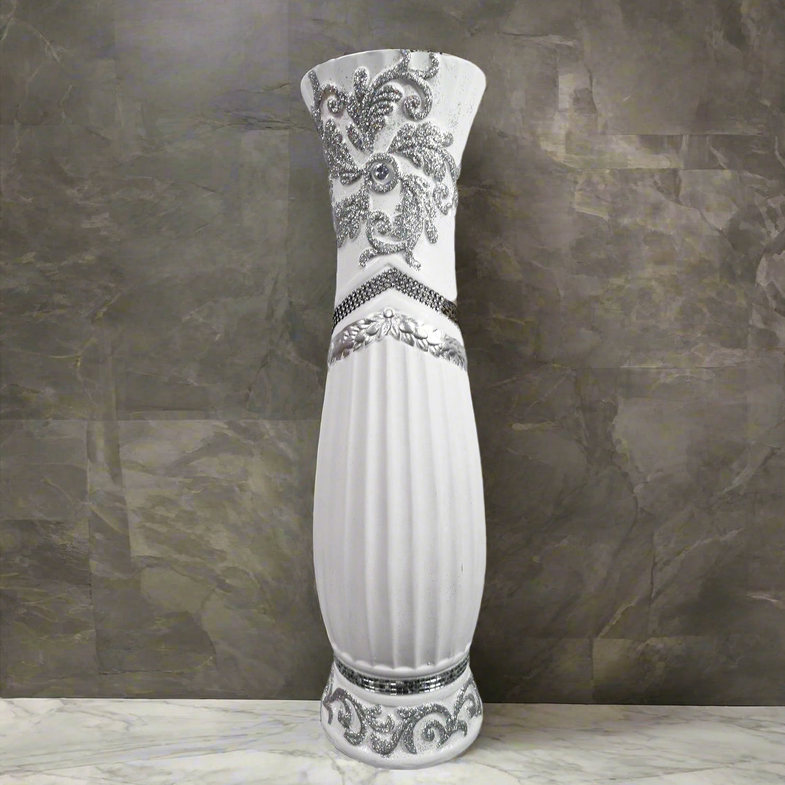 Large White Ceramic Floor Vase With Silver Glitter Diamante Detail 60cm Home Decor