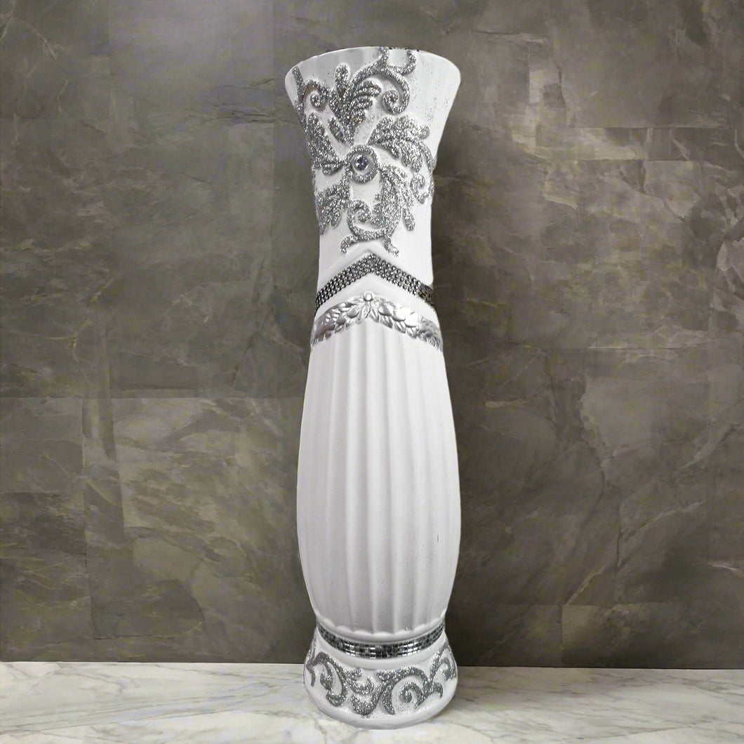 Large White Ceramic Floor Vase With Silver Glitter Diamante Detail 60cm Home Decor