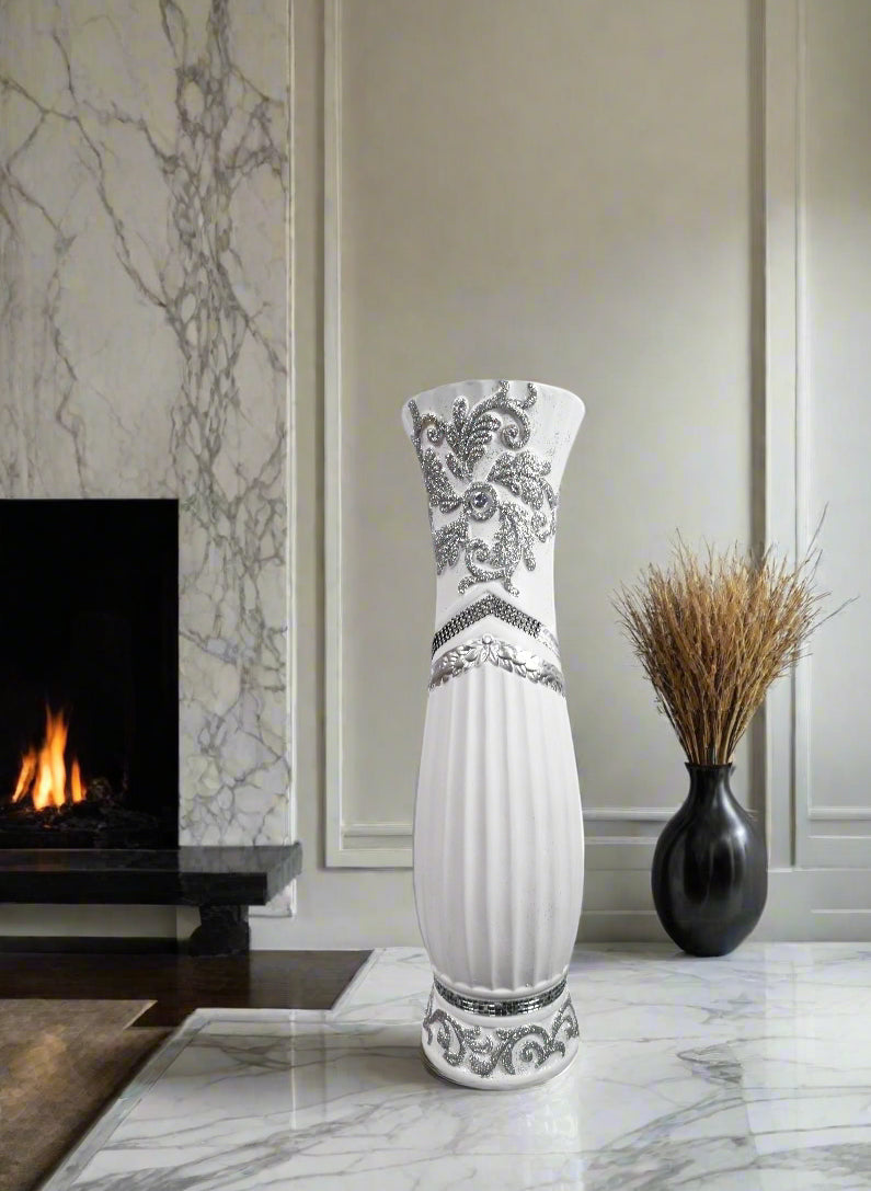 Large White Ceramic Floor Vase With Silver Glitter Diamante Detail 60cm Home Decor