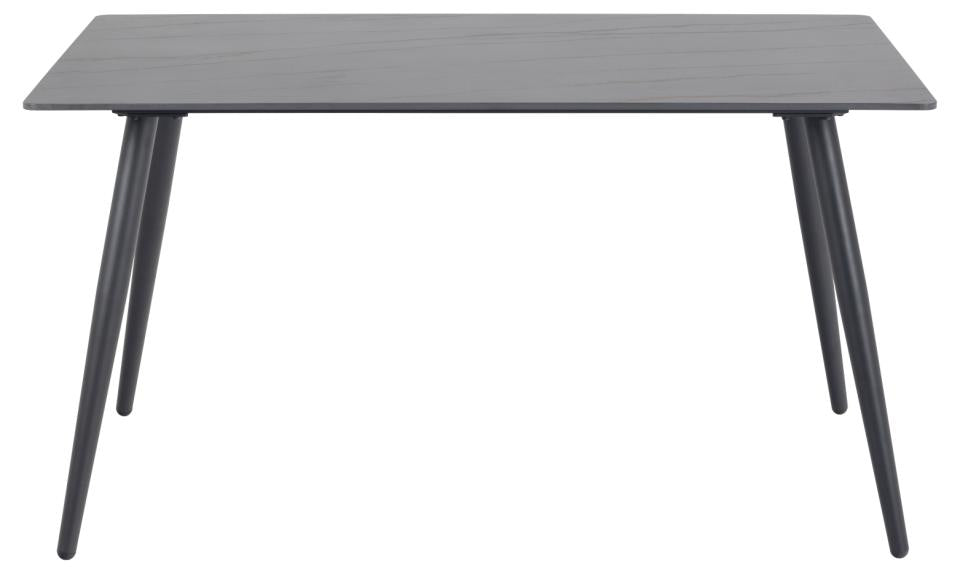 A rectangular dining table with a dark gray wood-grain tabletop and four tapered black legs, shown against a plain white background.