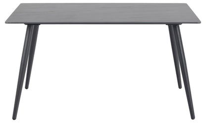 A rectangular dining table with a dark gray wood-grain tabletop and four tapered black legs, shown against a plain white background.