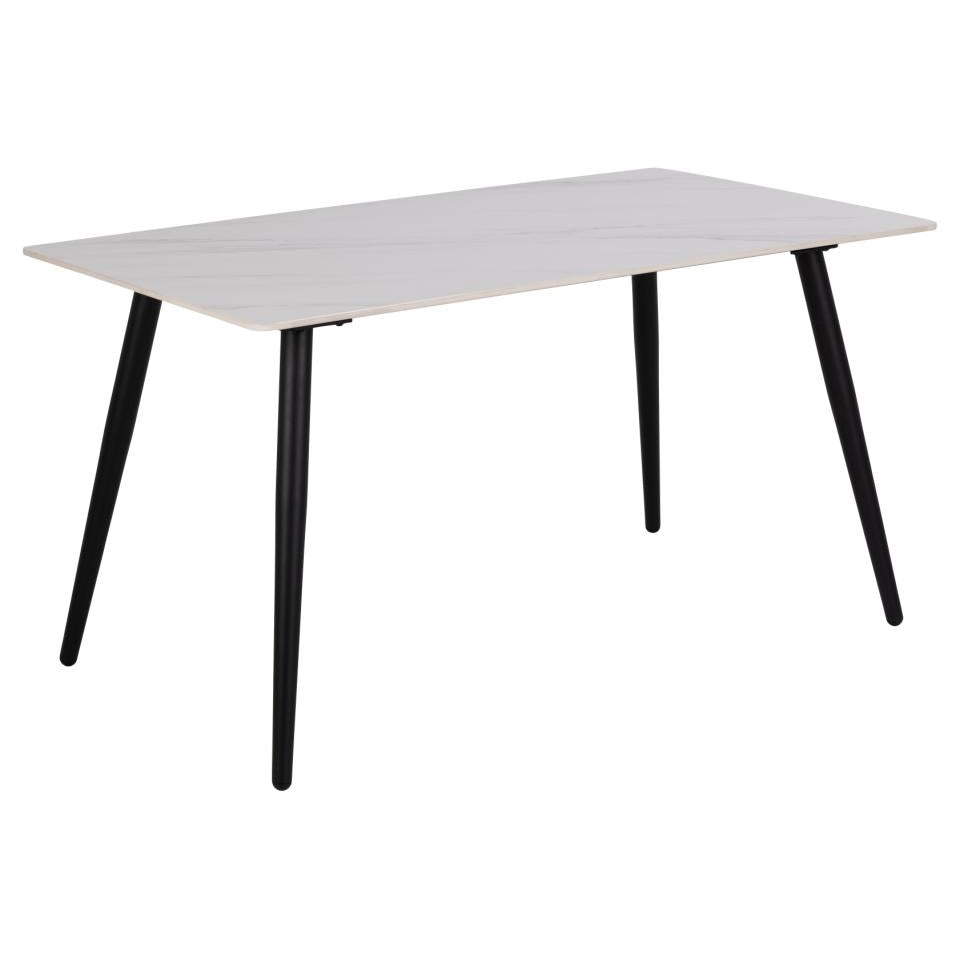A rectangular table with a light gray marble-patterned top and four black tapered legs, shown on a plain white background.