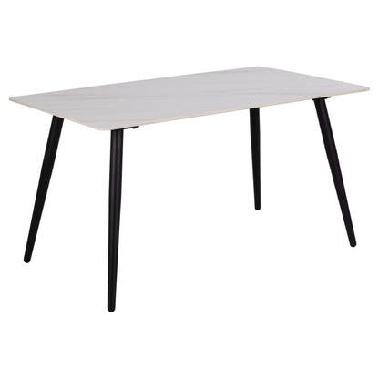 A rectangular table with a light gray marble-patterned top and four black tapered legs, shown on a plain white background.