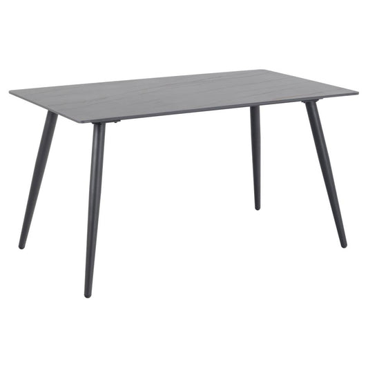 A rectangular black ceramic dining table with a marble print top and black metal base.