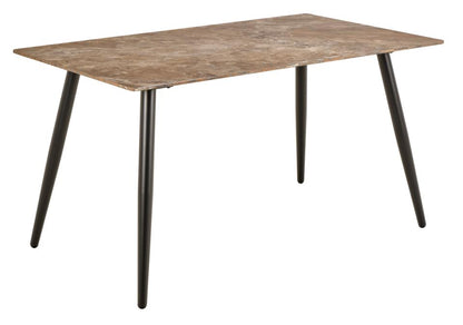 A rectangular dining table with a textured brown wood-grain top and four tapered black metal legs, shown against a plain white background.