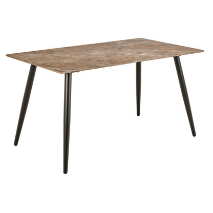 A rectangular dining table with a brown faux-marble top and four tapered black metal legs, shown on a plain white background.