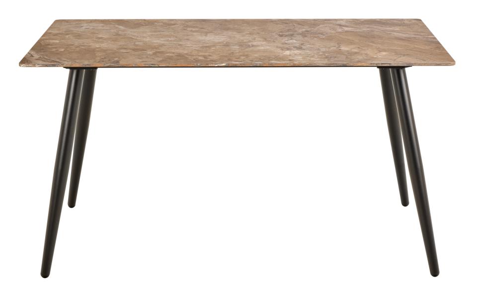 A rectangular dining table with a light brown wood-grain top and four tapered black metal legs, shown against a plain white background.