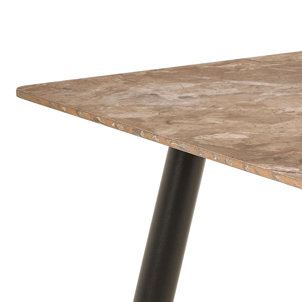 Table with wooden surface and black metal leg on a white background