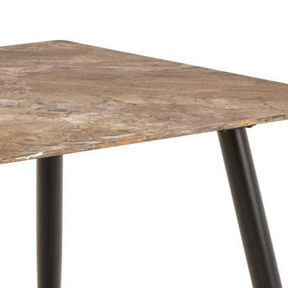 Square table with wooden top and metal legs on a white background