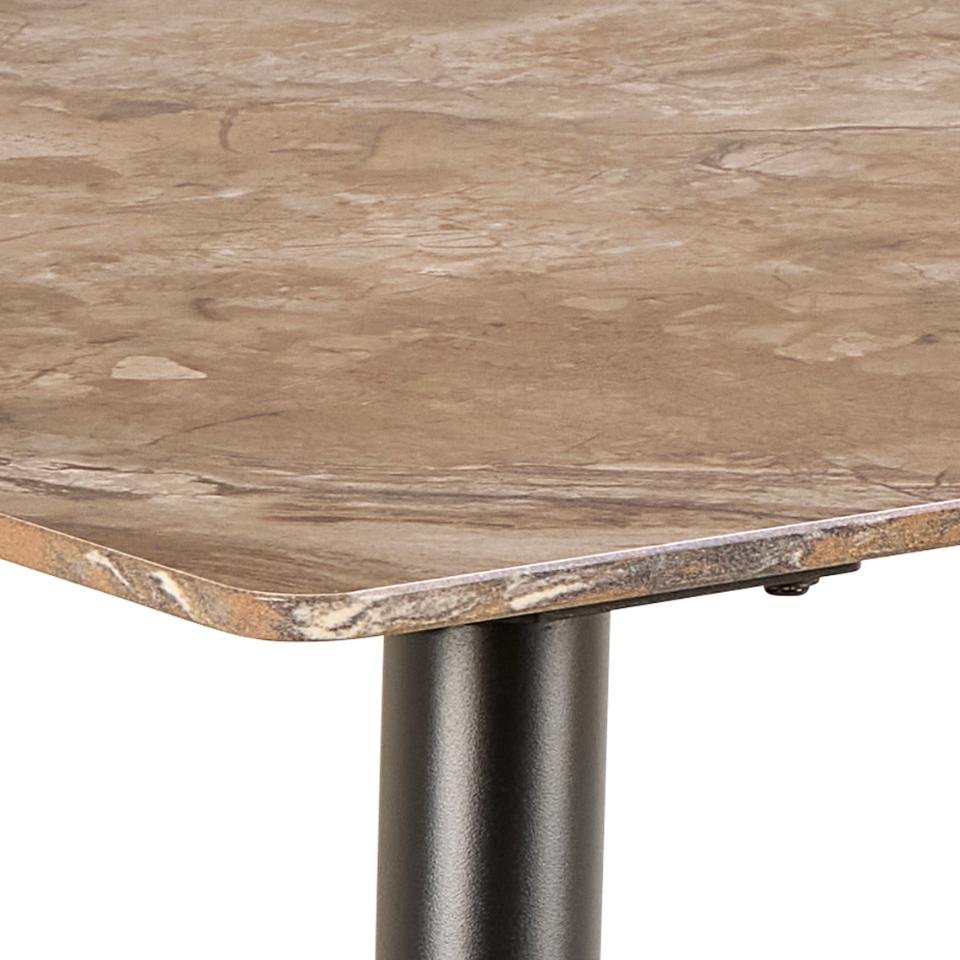 Close-up of a table with a wooden surface and metal leg on a white background