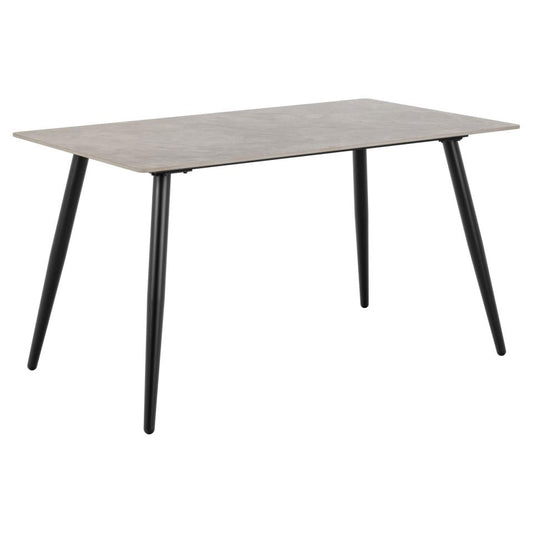 Rectangular dining table with a gray surface and black legs on a white background
