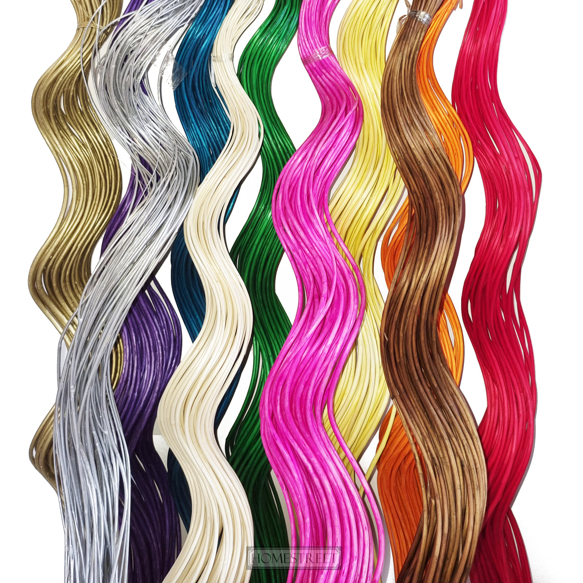 Six wavy spiral willow twig branches in different colors, including gold, silver, blue, cream, green, pink, yellow, brown, orange, and red, arranged vertically against a white background.