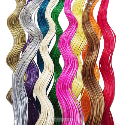 Six wavy spiral willow twig branches in different colors, including gold, silver, blue, cream, green, pink, yellow, brown, orange, and red, arranged vertically against a white background.
