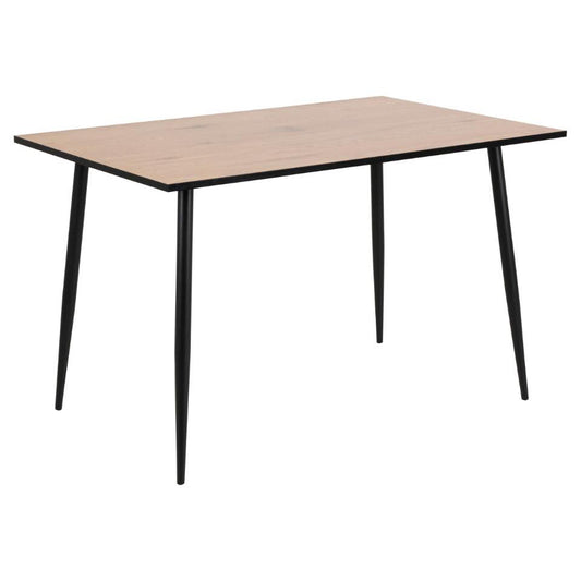 A rectangular table with a light natural wood grain tabletop and four tapered black metal legs, shown against a plain white background.