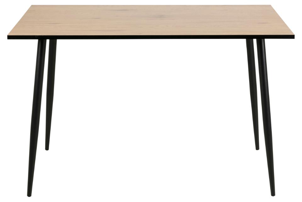 A rectangular table with a light natural wood grain top and four tapered black metal legs, shown against a plain white background.