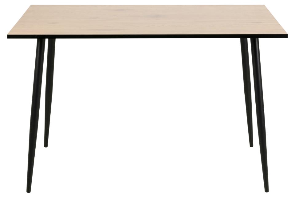 A rectangular table with a light natural wood grain tabletop and four tapered black metal legs, shown against a plain white background.