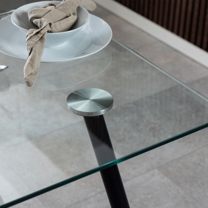 Wilma Modern Dining Table Clear Glass With Black Metal Legs 140cm