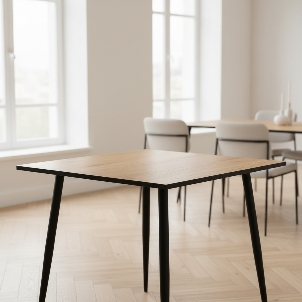 A modern rectangular dining table with a light wood top and black metal legs, shown in a bright, minimalist dining room with white chairs and large windows.