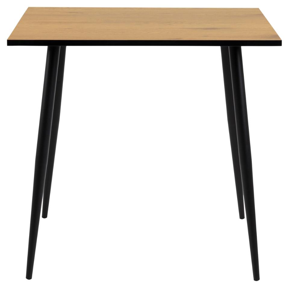 A square table with a light oak wood grain top and four tapered black metal legs, shown against a plain white background.