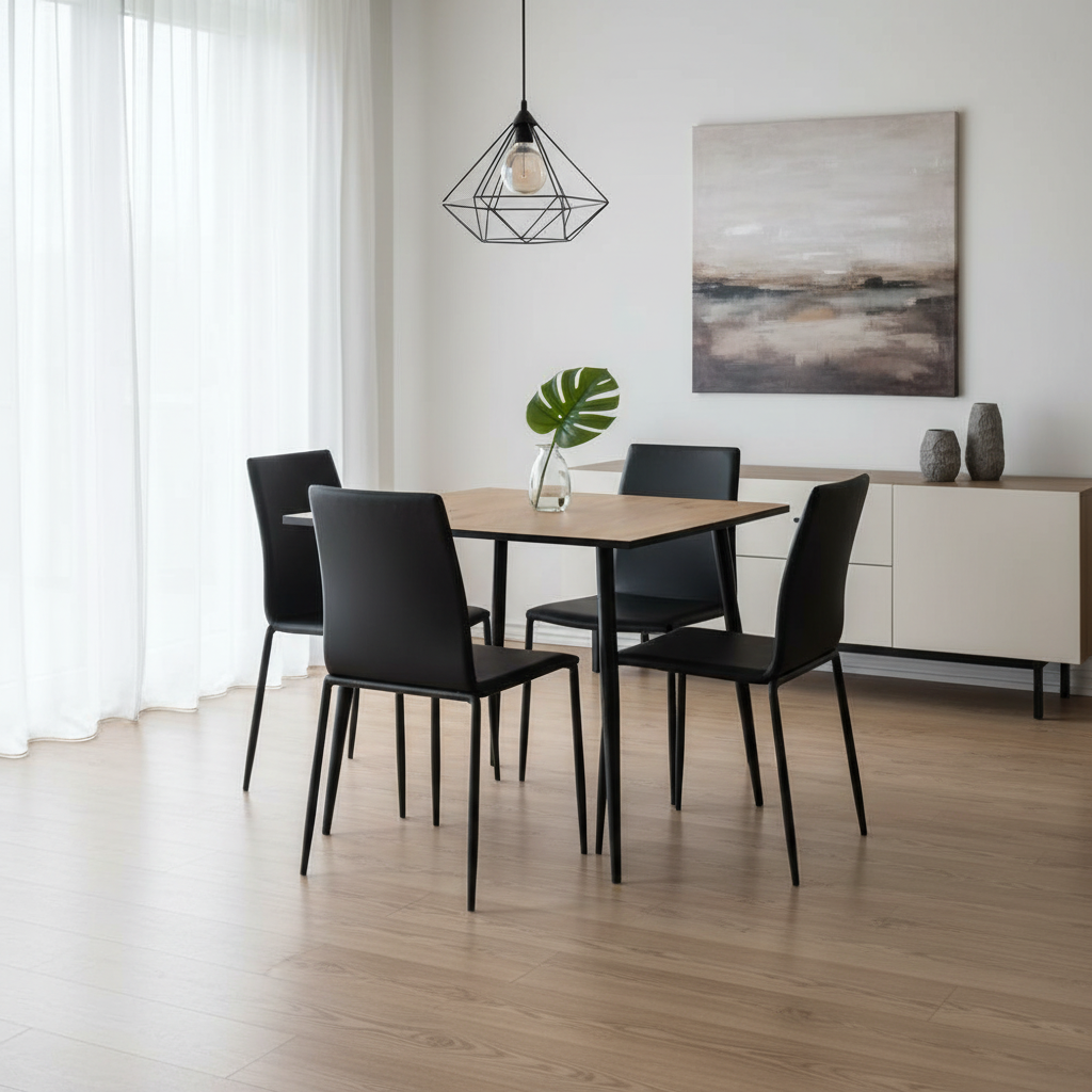 A modern dining room setup featuring a rectangular light wood table with four black chairs, a black geometric pendant light, and a white sideboard with abstract wall art in a bright, minimalist room.