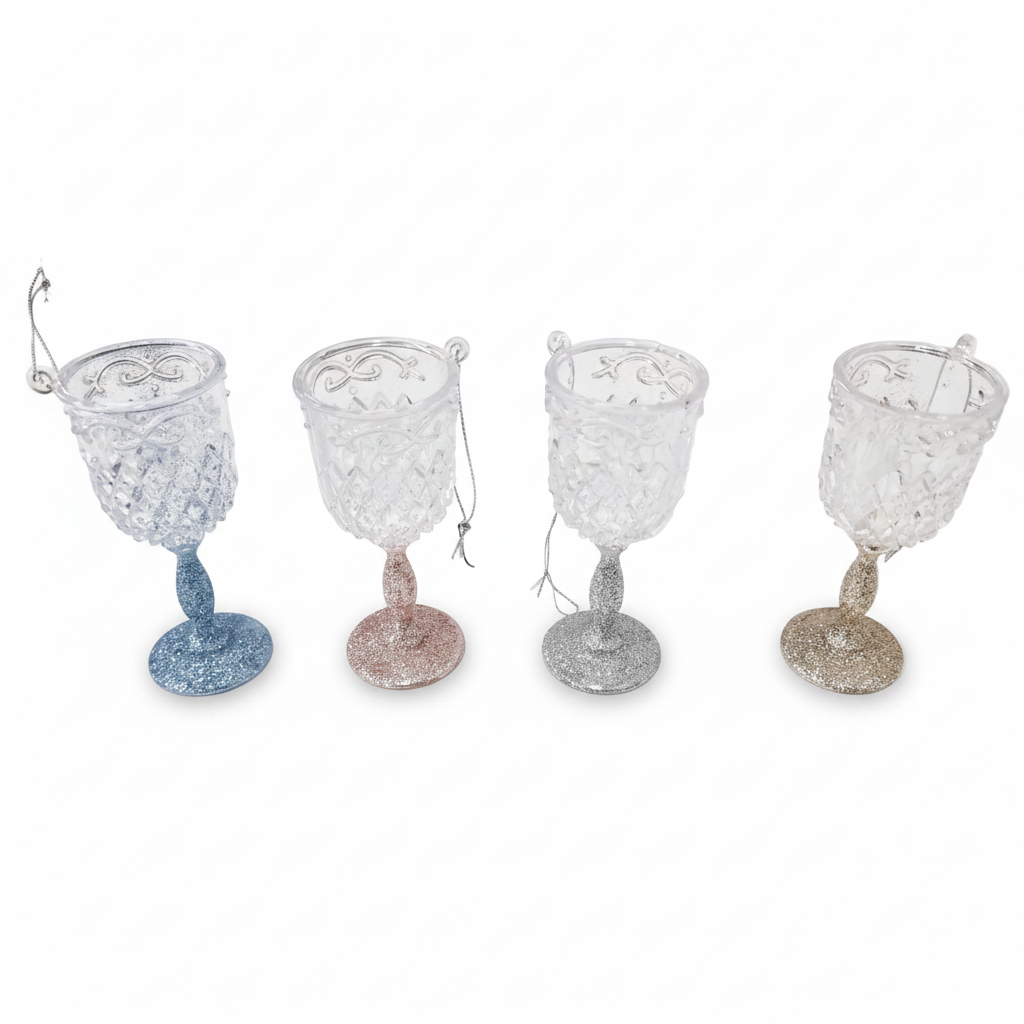 Wine Glass Christmas Tree Glitter Decoration, Glass look Acrylic Hanging in Blue, Rose Gold, Champagne Gold, or Silver