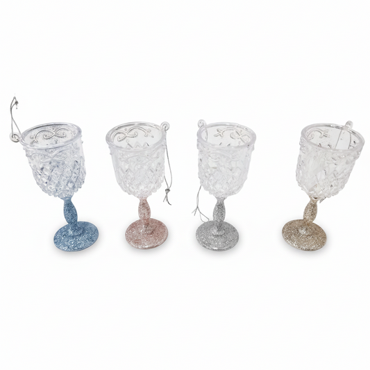 Wine Glass Christmas Tree Glitter Decoration, Glass look Acrylic Hanging in Blue, Rose Gold, Champagne Gold, or Silver