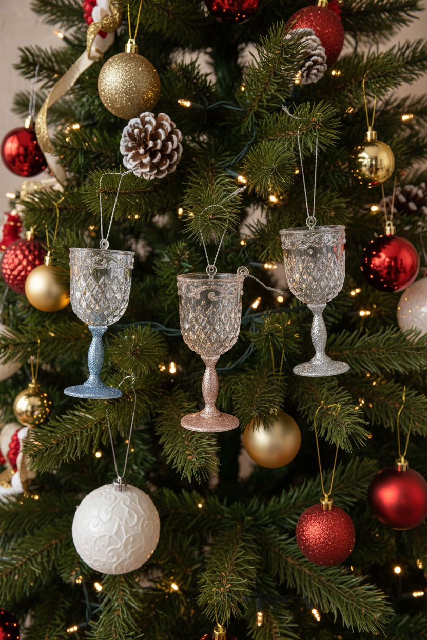 Three ornate crystal-style hanging goblets in blue, pink, and silver tones are displayed on a decorated Christmas tree alongside red and gold ornaments.