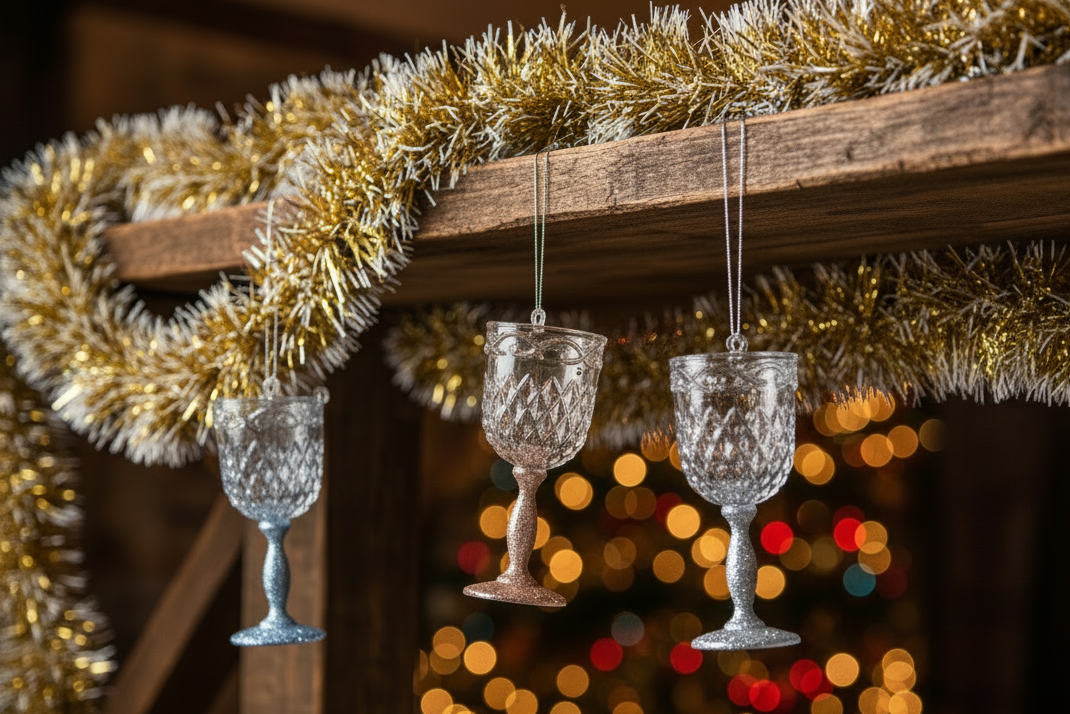 Three small crystal goblet ornaments hang from a rustic wooden beam wrapped with shiny gold tinsel garland, with blurred holiday lights in the background.