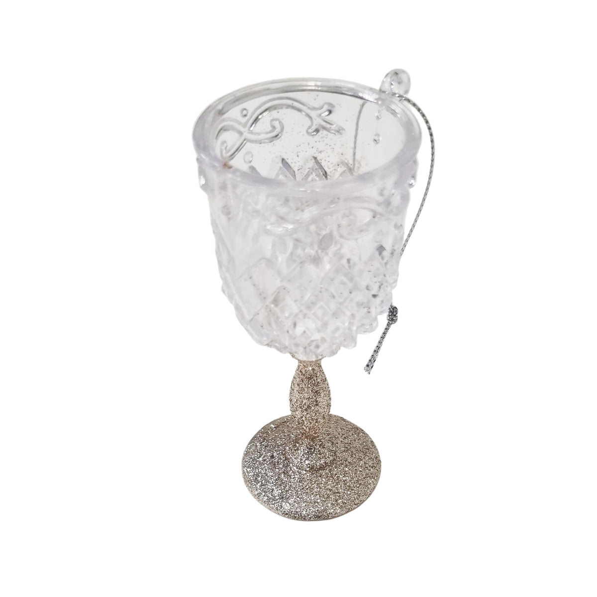 A clear textured glass goblet or ice bucket-style ornament with a glittery silver base and a small hanging loop, shown on a plain white background.