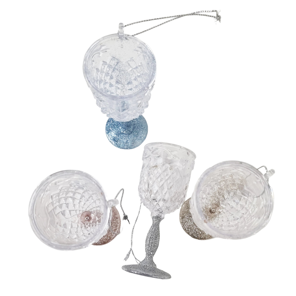 Wine Glass Christmas Tree Glitter Decoration, Glass look Acrylic Hanging in Blue, Rose Gold, Champagne Gold, or Silver