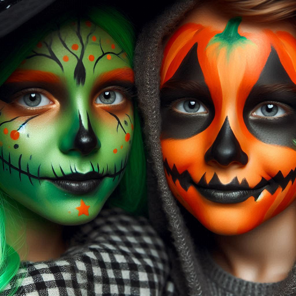 Two children wearing Halloween face makeup, one with green sugar skull makeup and the other with orange pumpkin makeup, in a close-up portrait.